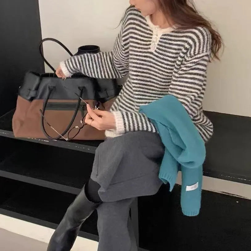 Women's red and blue striped cashmere pullover sweater with long sleeves