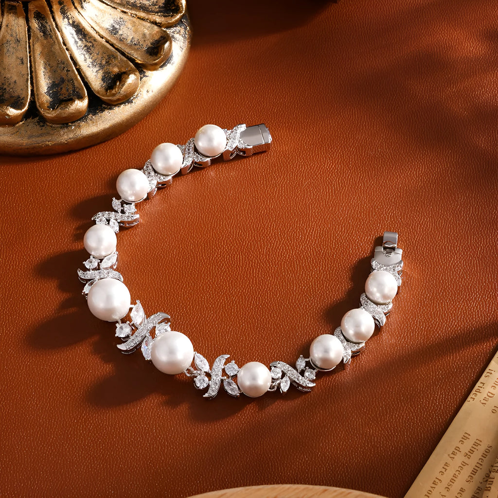 Vintage white pearl and zircon inlay bracelet on copper base with electroplated finish