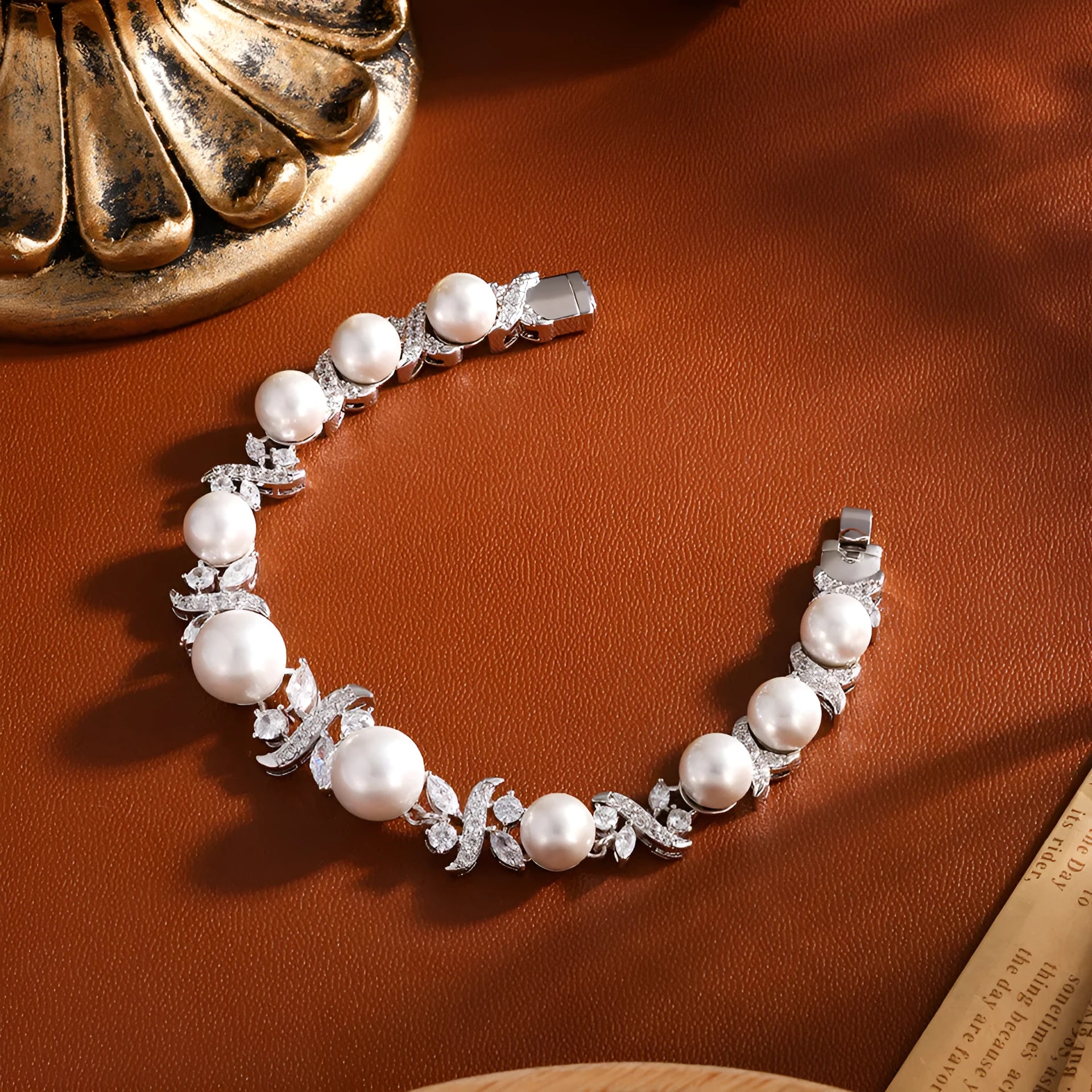 Vintage white pearl and zircon inlay bracelet on copper base with electroplated finish