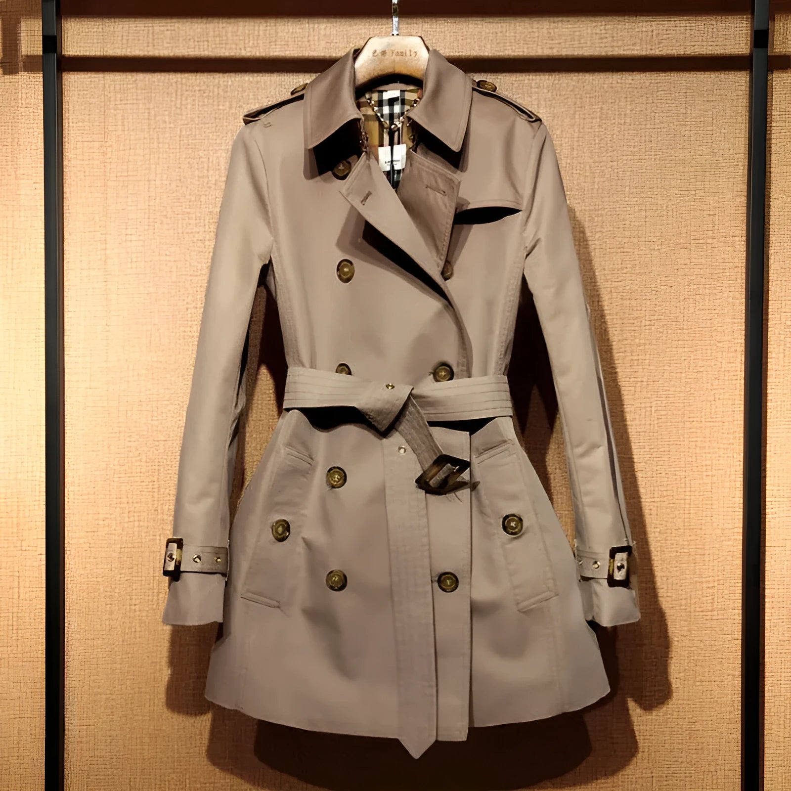 Khaki women's trench coat with double-breasted button front and structured flight sleeves