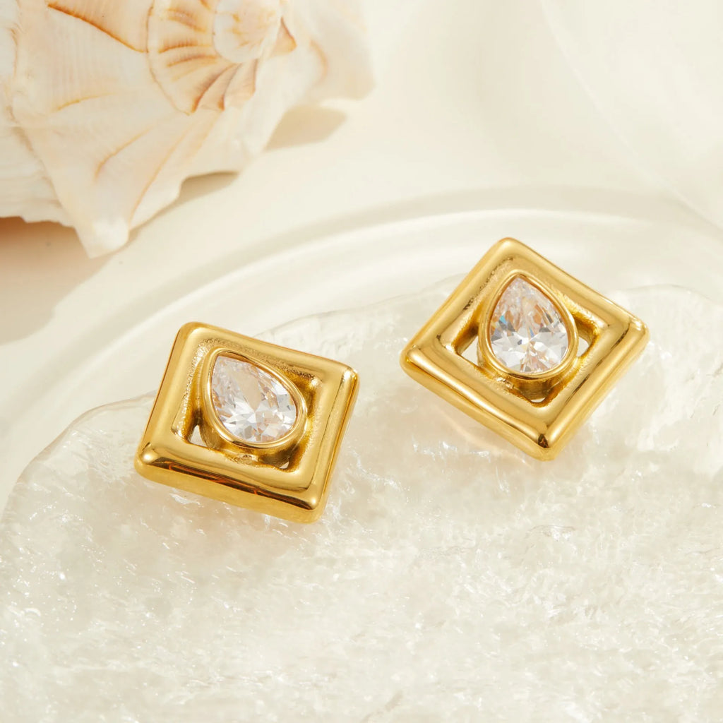 Geometric stud earrings with water drop zircon stones in gold electroplated stainless steel
