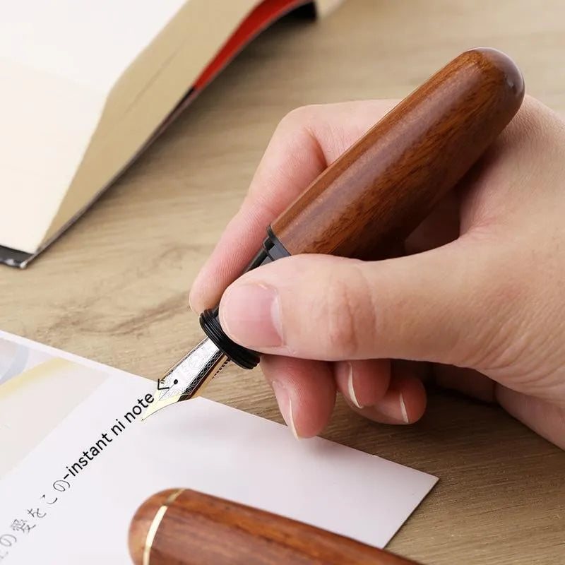 Short chubby solid wood ink pen with fine tip in Ebony Rosewood finish, gift box packaging