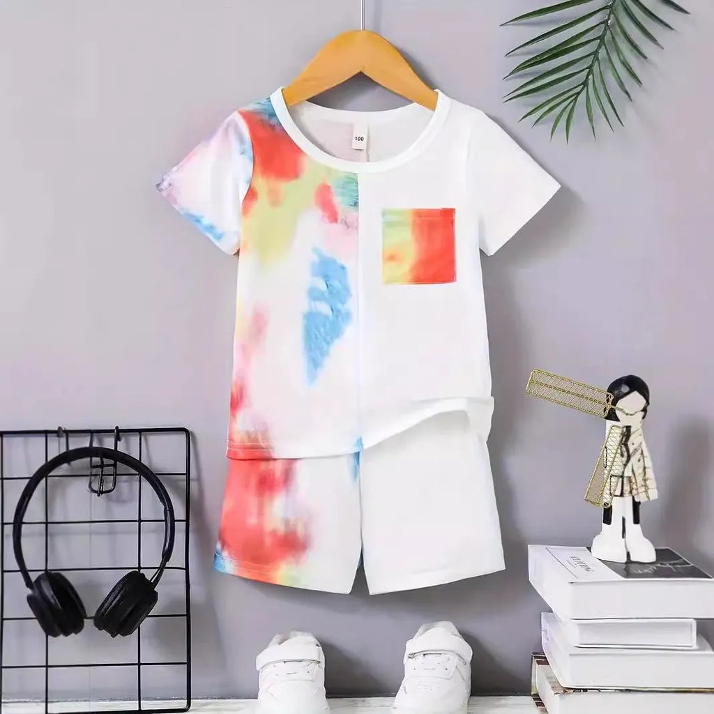 Boys' short sleeve cotton blend t-shirt and shorts set with animal pattern, available in multiple colours