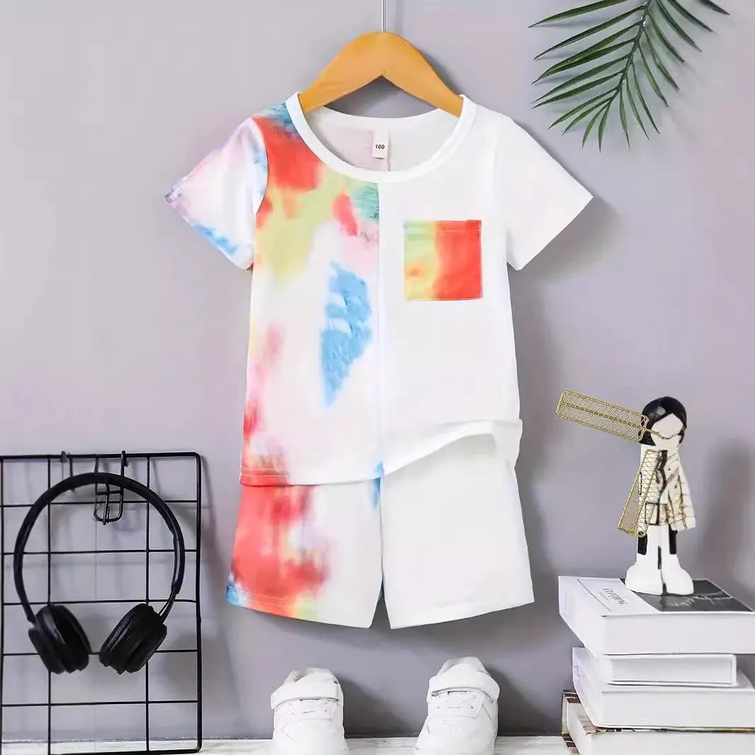 Boys' short sleeve cotton blend t-shirt and shorts set with animal pattern, available in multiple colours