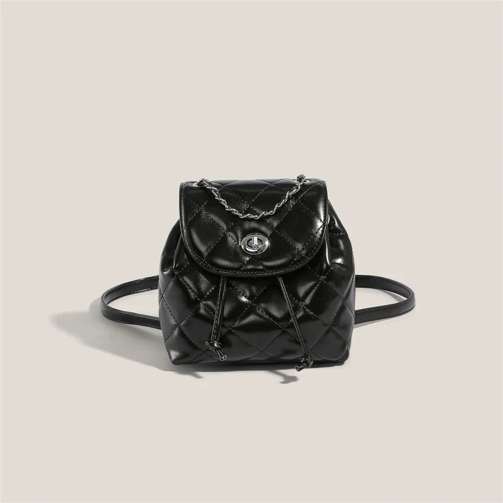 Women's rhombus plaid pattern backpack in PU material, shown in multiple colours.