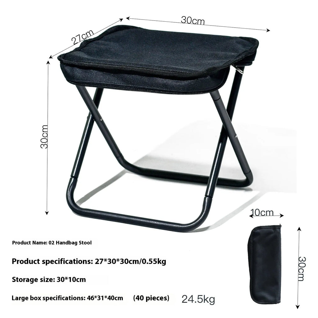 Lightweight foldable outdoor camp stool in Oxford cloth, shown folded and unfolded in khaki colour.