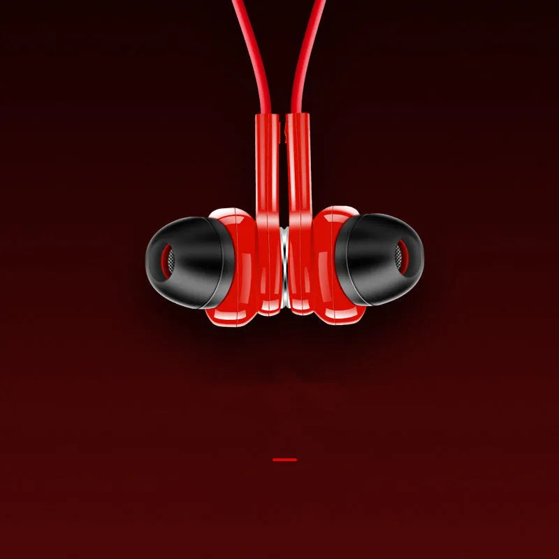 Neckband sports Bluetooth earphones in black, red or white colours showing bilateral earpieces and neckband design