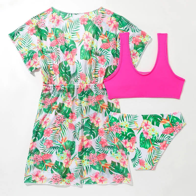 Girls' floral pattern two-piece swimsuit with high elasticity polyester fabric for swimming