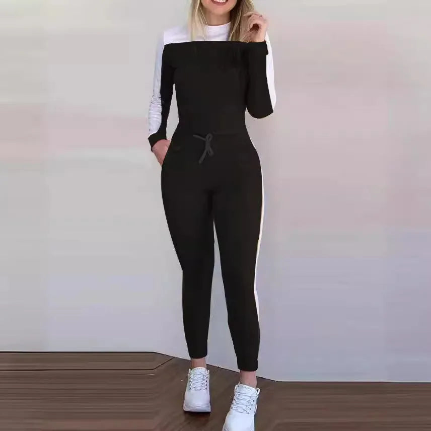 Women's colour-block long sleeve casual suit with pockets, polyester fibre, black colour option, front view on model
