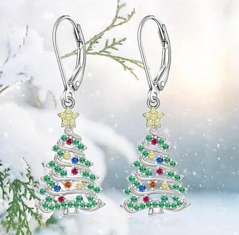 Women's Christmas tree earrings with star-shaped design in white gold colour finish