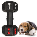 Black hollow dumbbell-shaped dog chew toy with textured ends on a plain background.