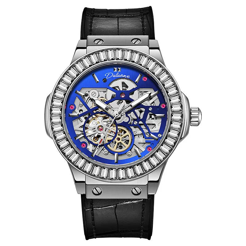 Automatic mechanical men's watch with hollow movement and diamond studs on white shell case