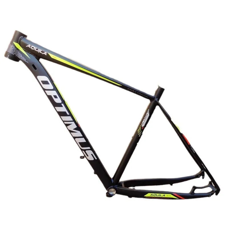 29-inch aluminum mountain bike frame in black green with internal cable routing