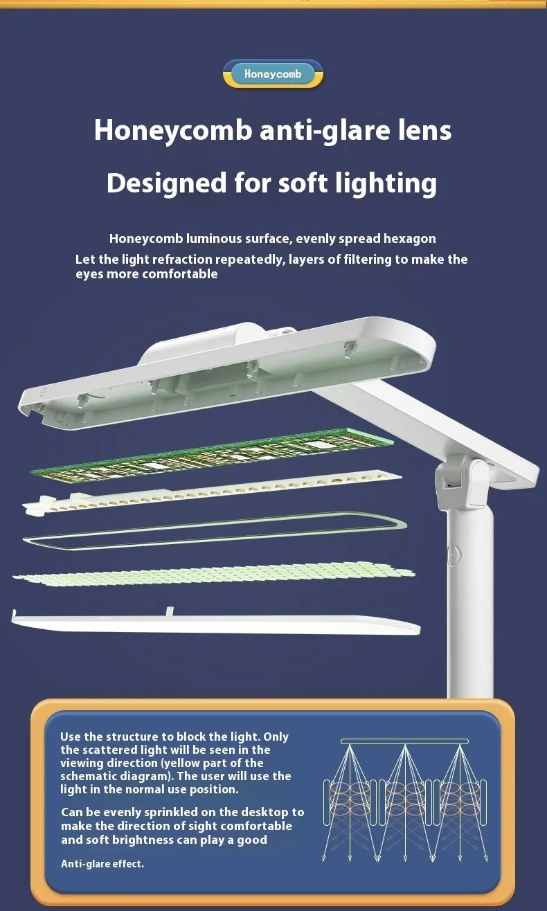 Adjustable multifunctional table lamp with an integrated bookshelf shelf on a wooden desk.