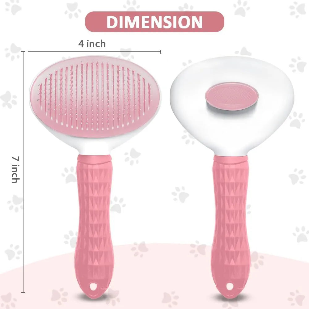Blue cat grooming brush with release button for removing loose fur and tangles.