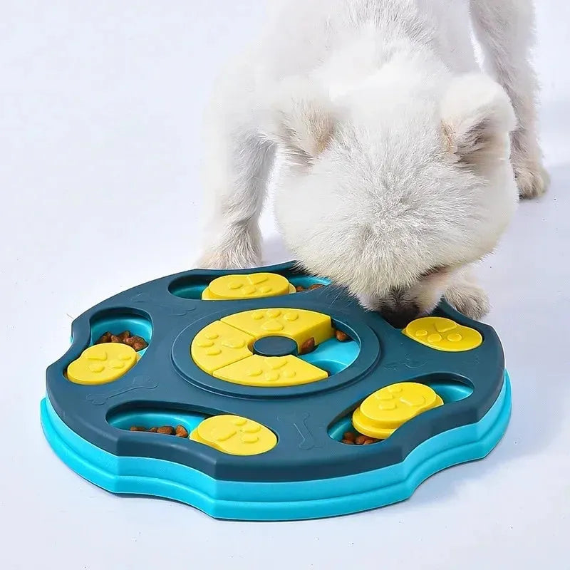 Blue and pink dog puzzle feeder toy for aggressive chewers, a food-searching interactive game.