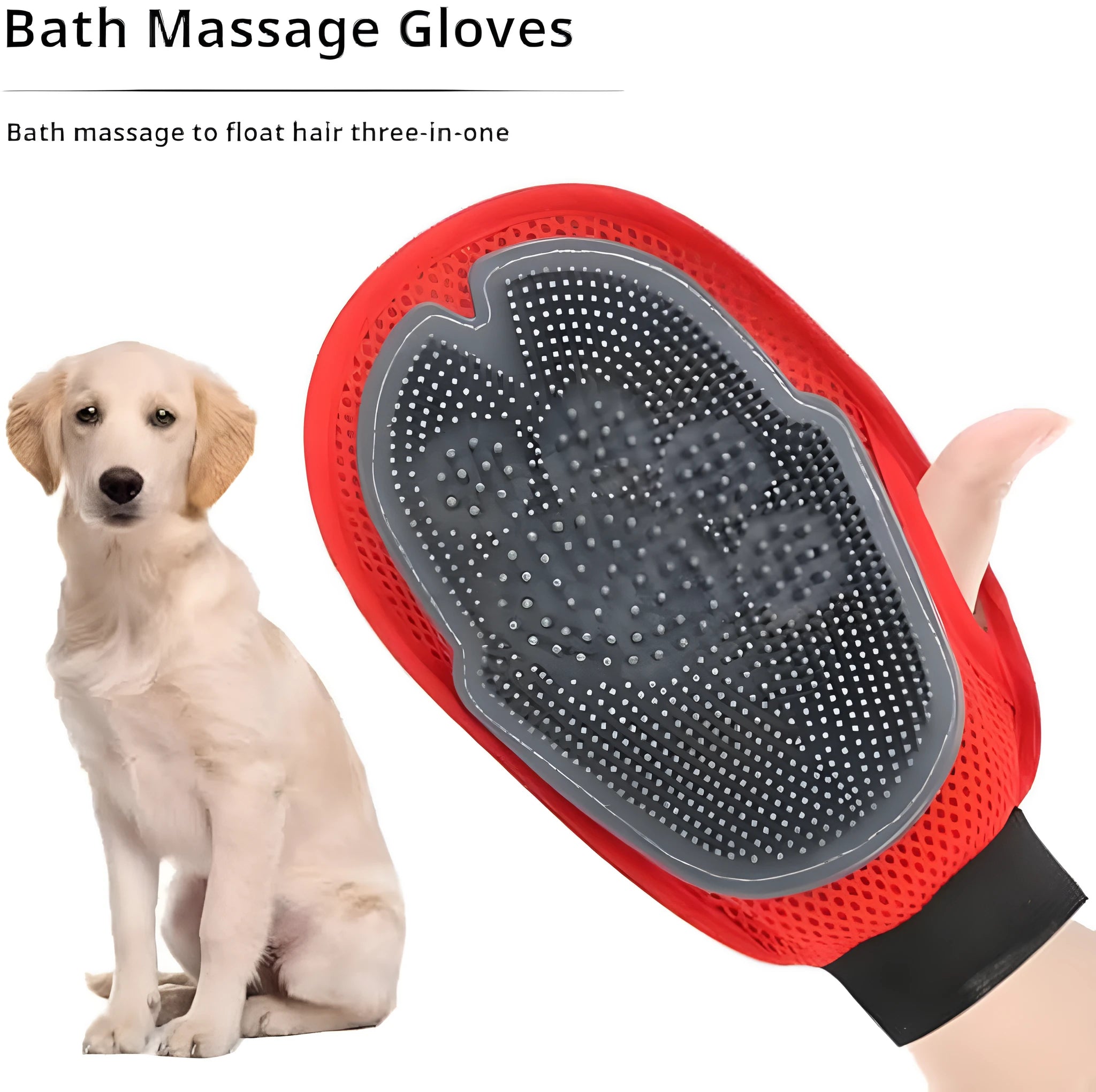 Red pet grooming glove with silicone bristles for washing and hair removal