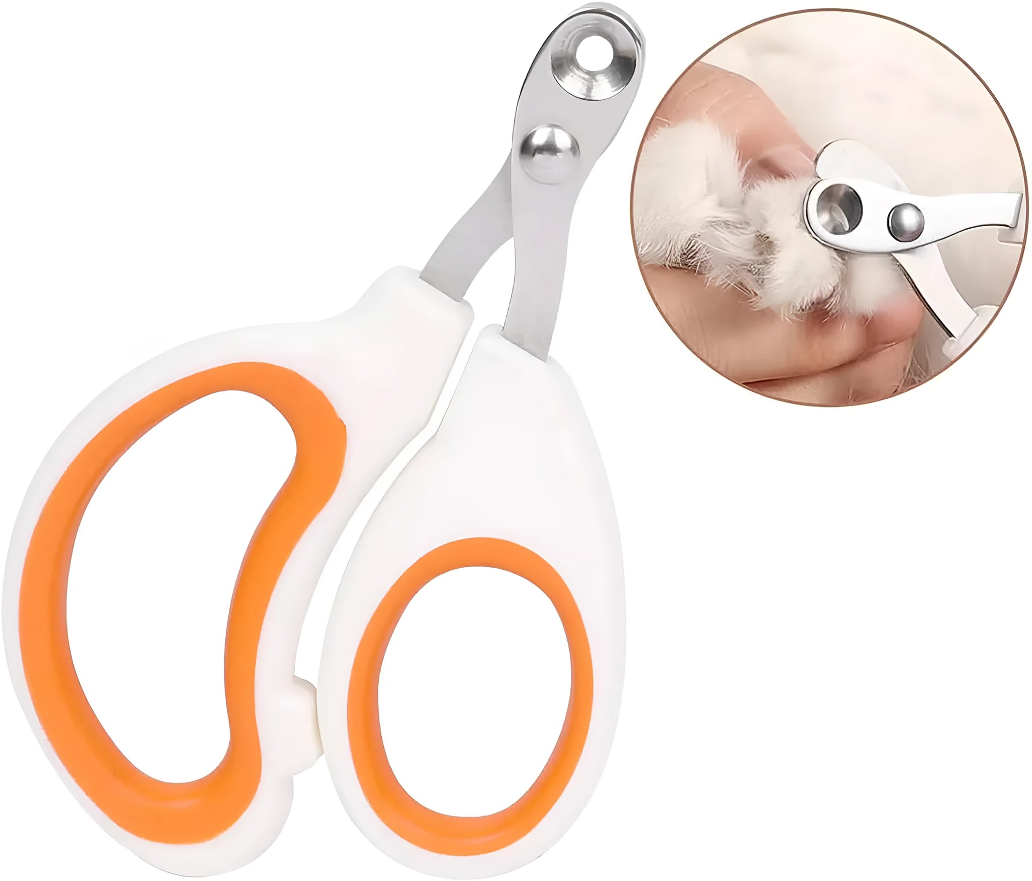 Blue pet nail clippers with a circular cutting hole and non-slip handle for trimming cat nails.