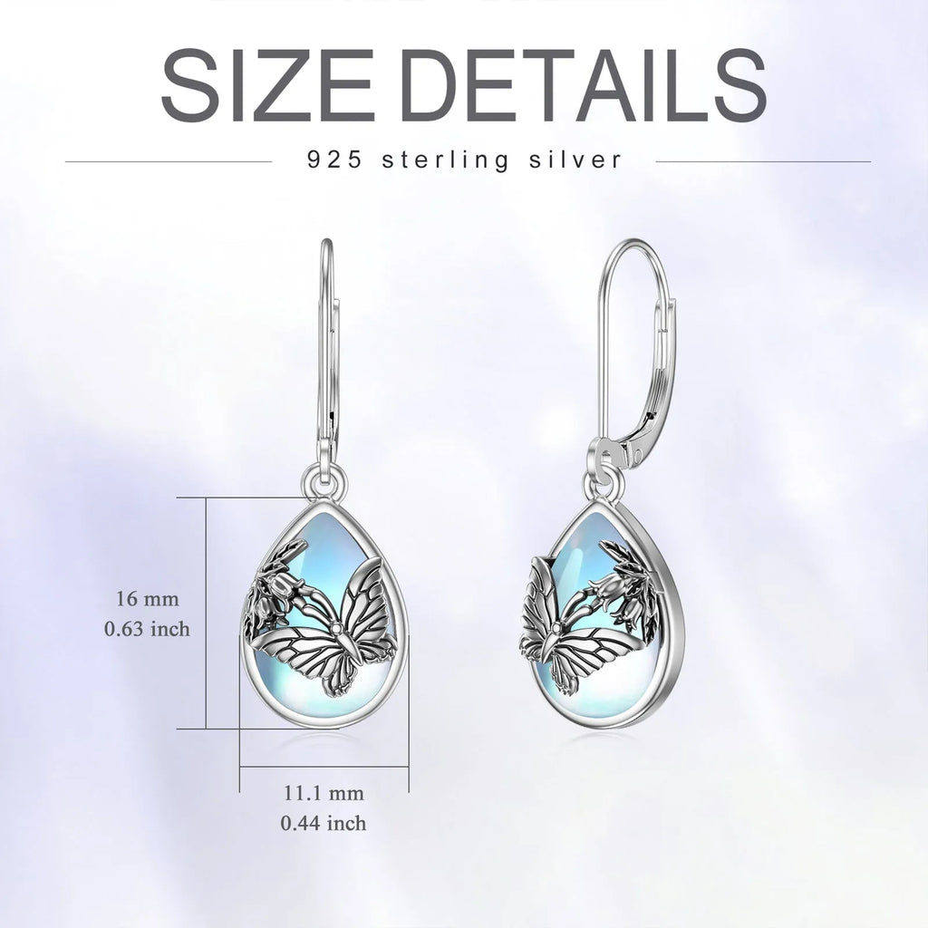 925 sterling silver butterfly leverback earrings with moonstone gemstone, silver colour, for women