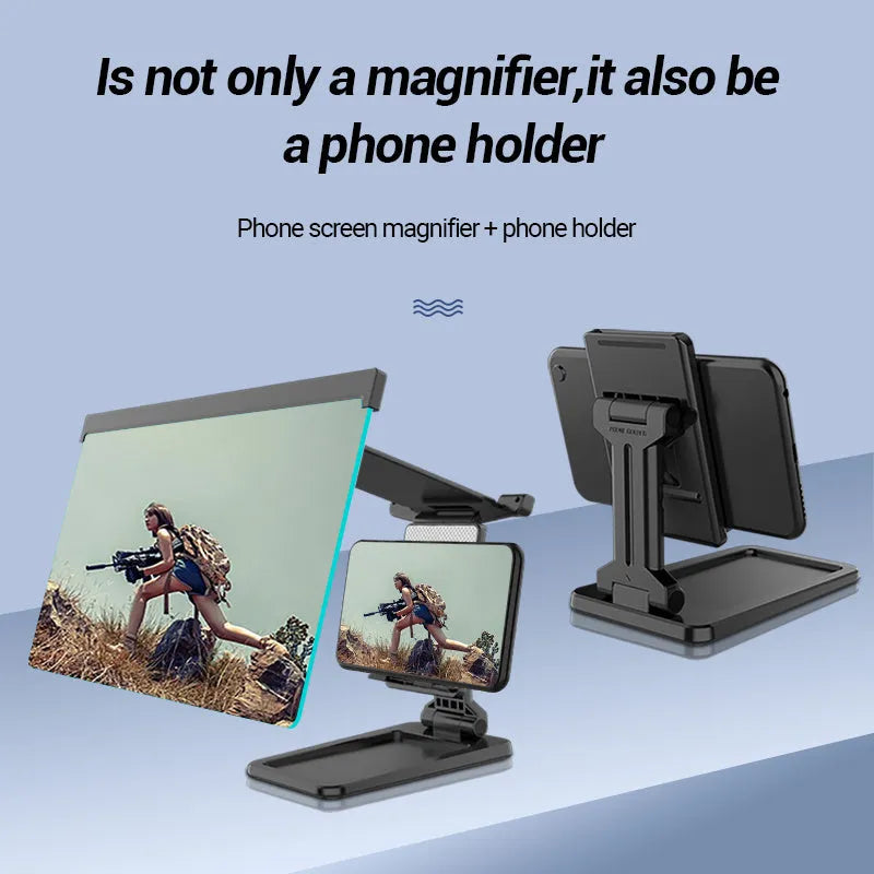 Black folding mobile phone screen amplifier with detachable holder showing 12 inch curved display