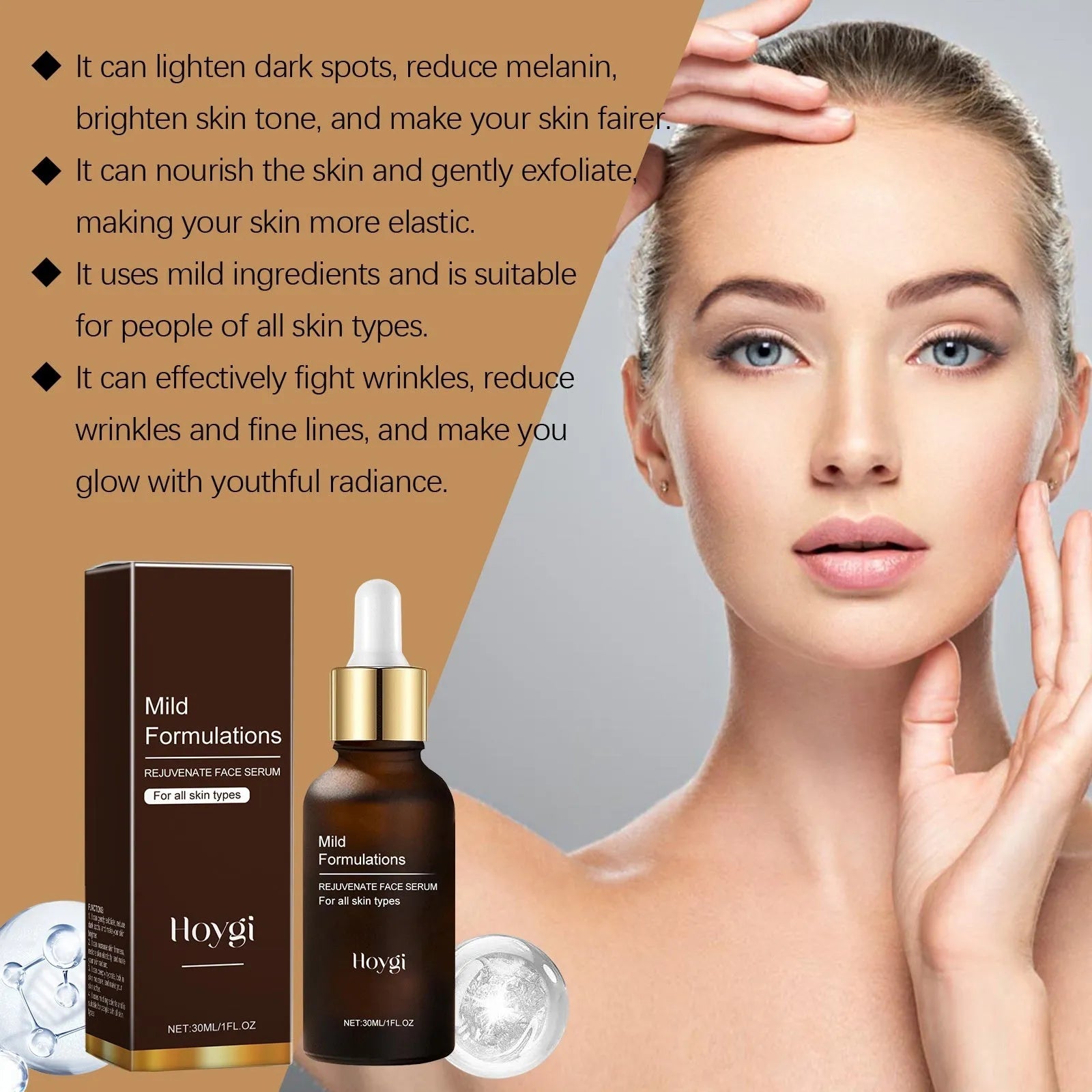 30ml facial essence in glass bottle with hyaluronic acid and arbutin for skin hydration