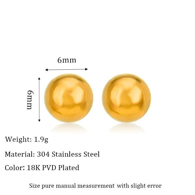 Stainless steel ball stud earrings with gold or silver plating in 3mm, 4mm, 5mm, and 6mm sizes