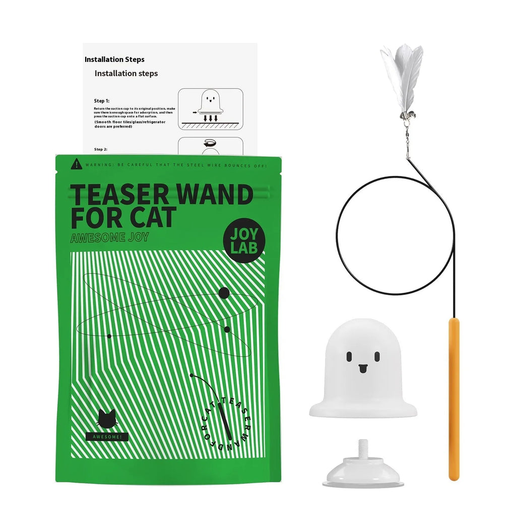 Plastic cat toy with strong suction cup in green and white colours for indoor play