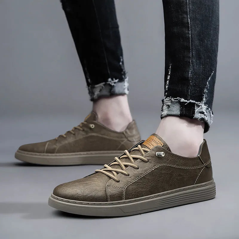 Men's two-layer cowhide casual low-top lace-up sneakers in khaki, round toe, front lace-up closure