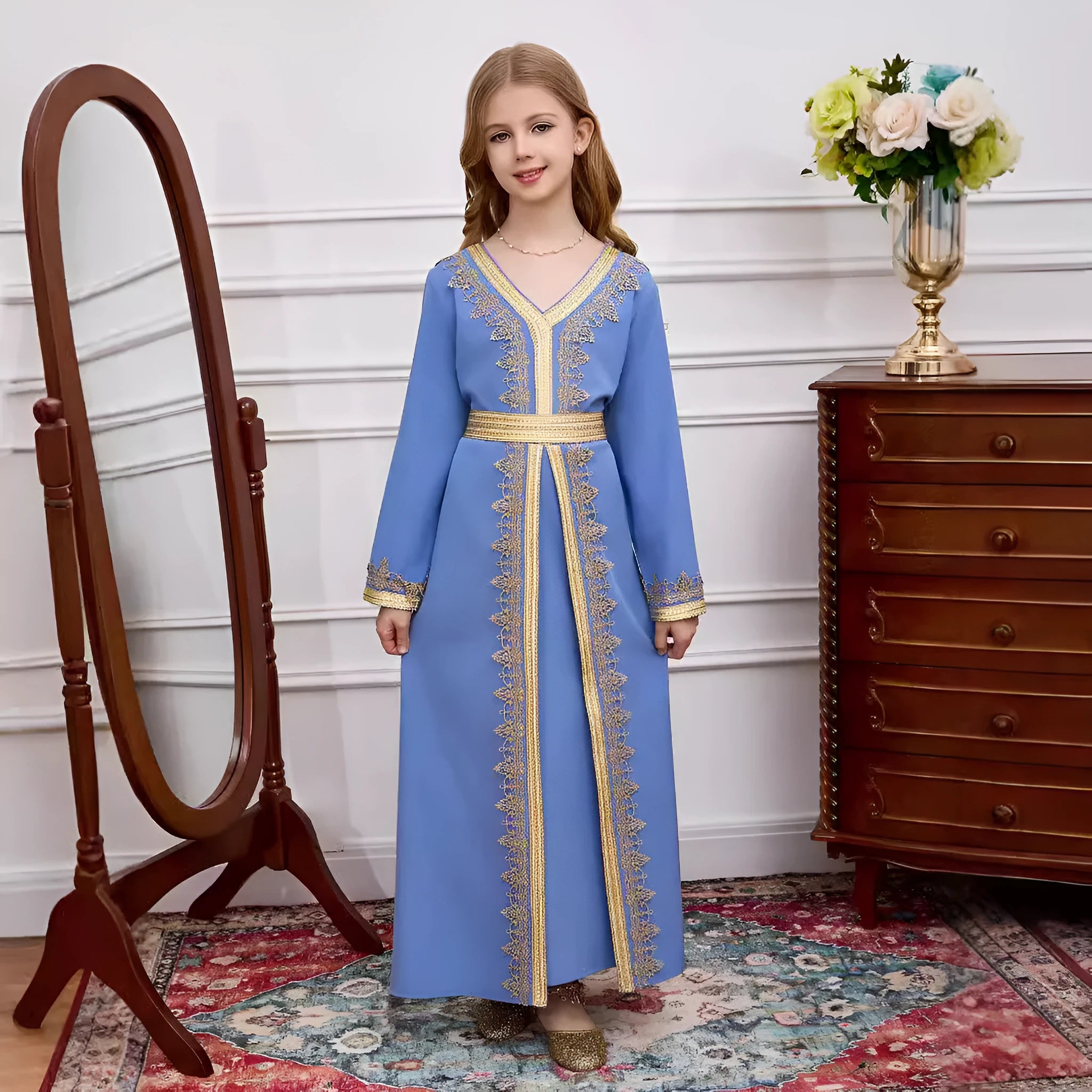 Children's girls lace v-neck dress in ice blue, Dubai style, polyester fabric suitable height 4Y-12Y