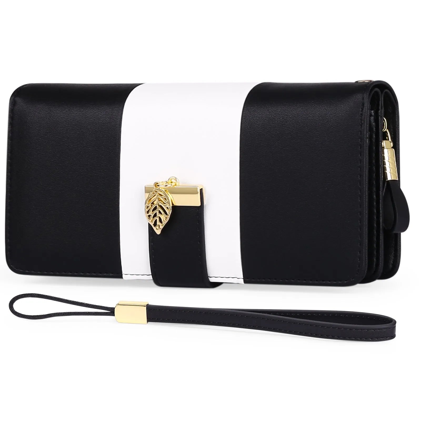 Midnight black anti-theft clutch bag with lock opening, shown open to reveal microfiber lining.