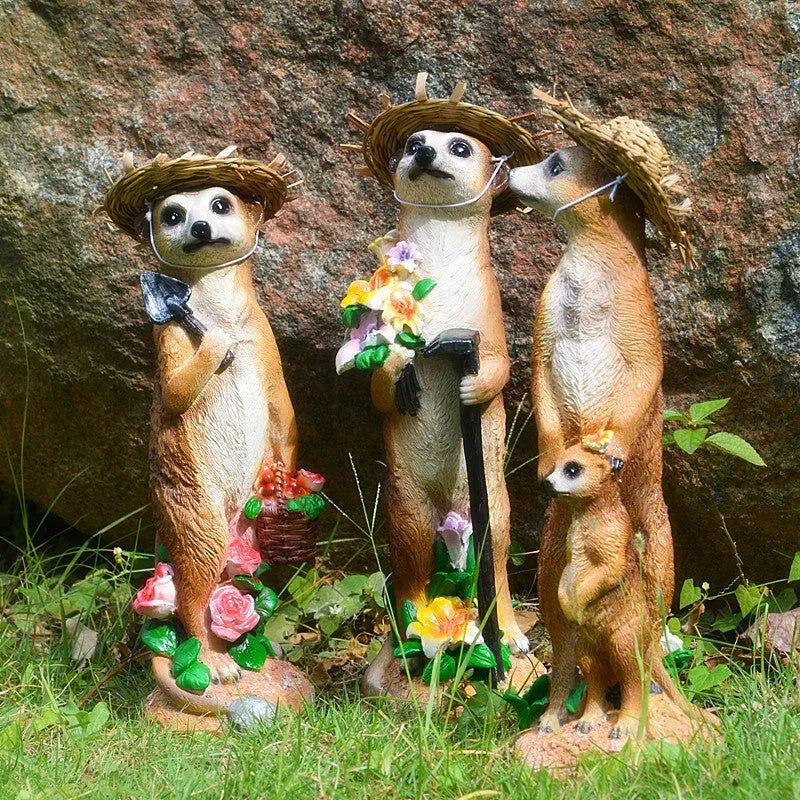 Straw hat mongoose plastic resin garden ornaments in three colour variations