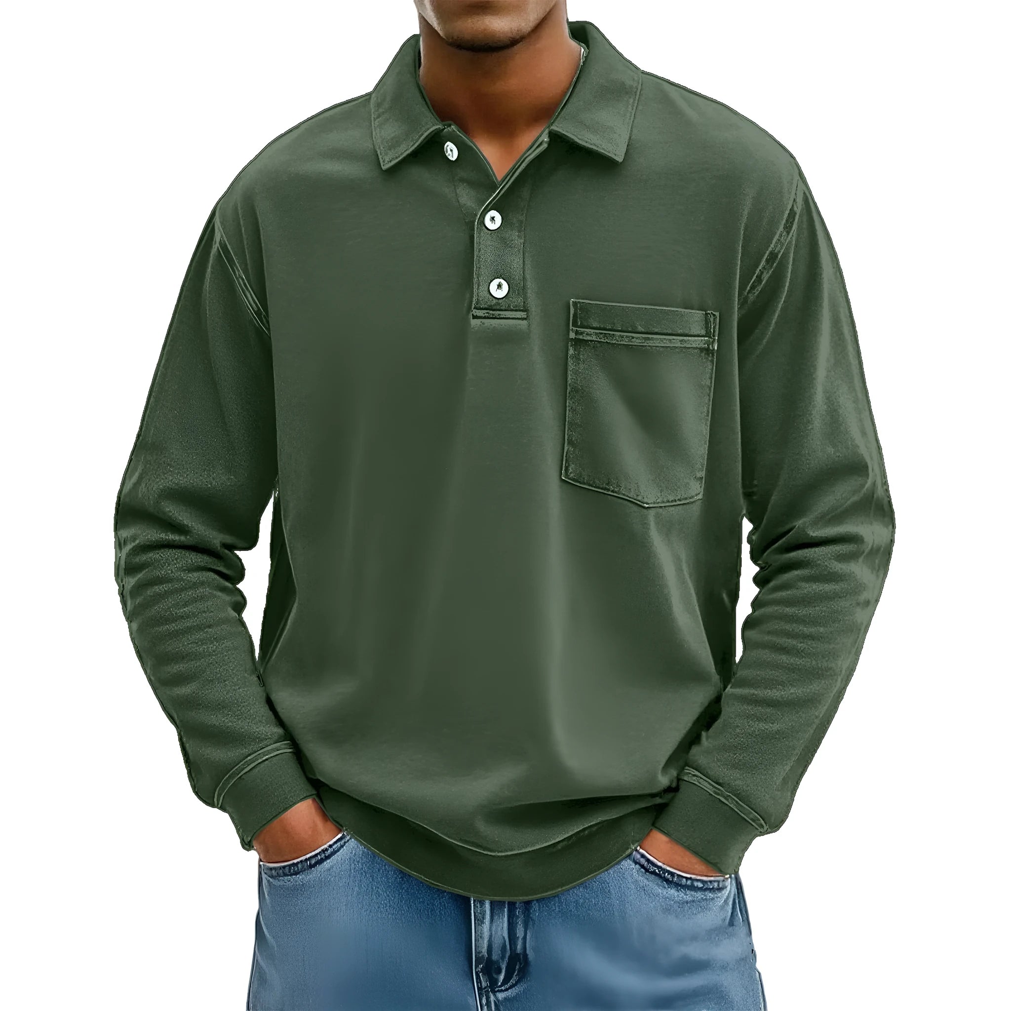 Men's 3D digital print pullover polo shirt with patch pocket in blue, model front view, loose fit polyester top