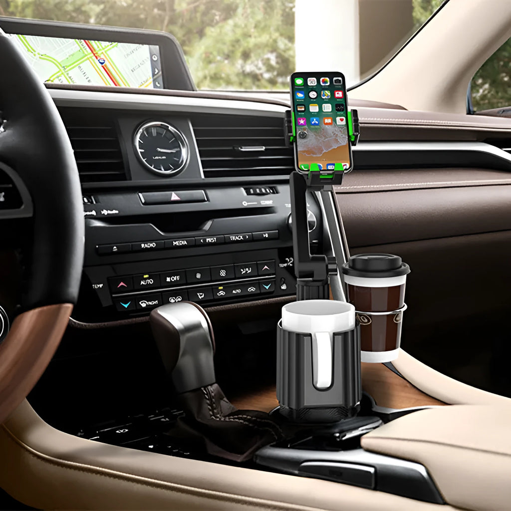 Green car drink rack with mobile phone holder compartment