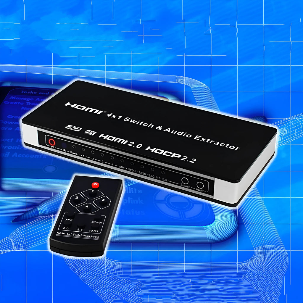 Black HDMI switch with four inputs one output, remote control and 10 metre cable for multi-source connectivity