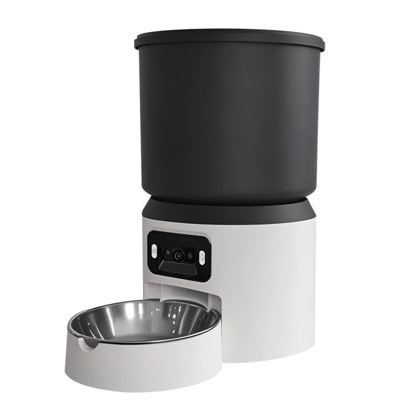 4L smart pet feeder for cats and dogs with WiFi app control and optional camera on a wooden floor.