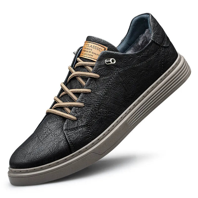 Men's two-layer cowhide casual low-top lace-up sneakers in khaki, round toe, front lace-up closure