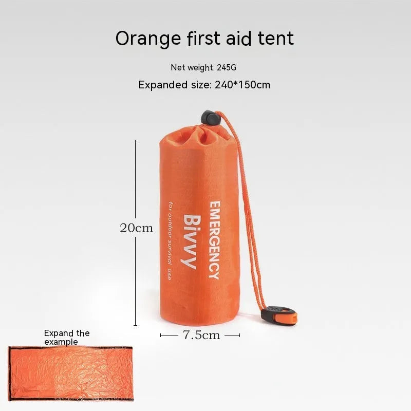 Portable orange disaster relief tent with sleeping bag and emergency blanket accessories