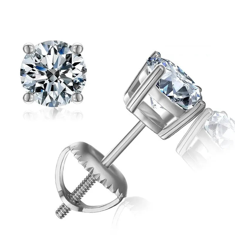 Women's geometric moissanite stud earrings with screw back fastening and four claw setting