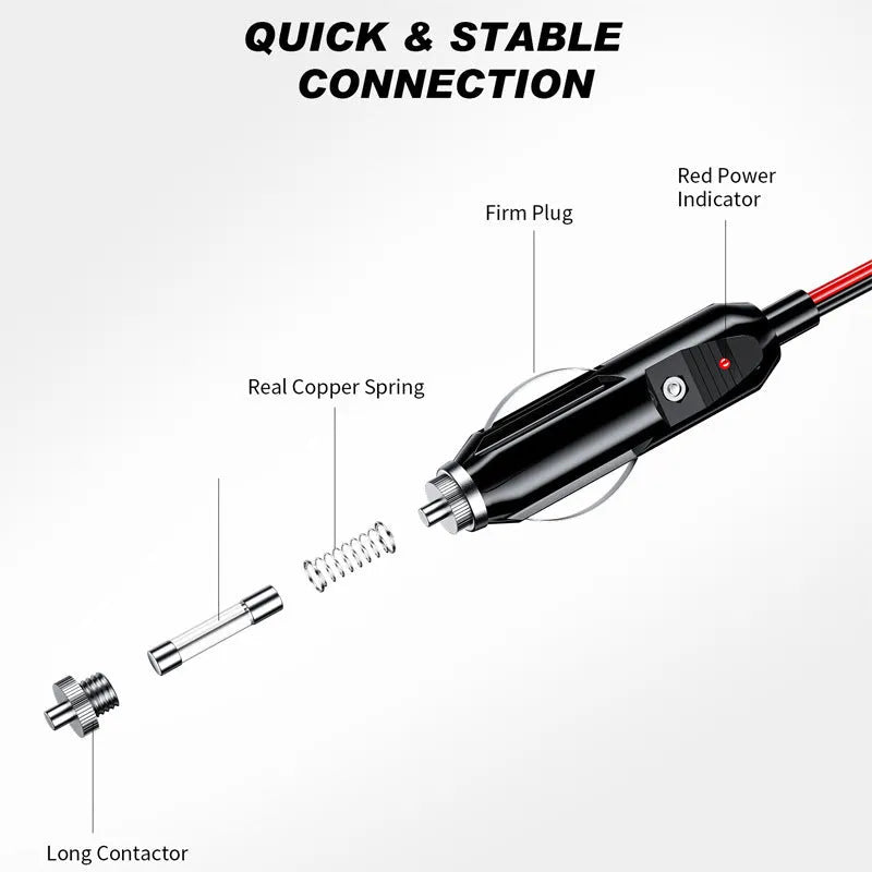 Y8 cigarette lighter extension cable 12V 24V 250W with Bakelite housing and dual USB ports on black background