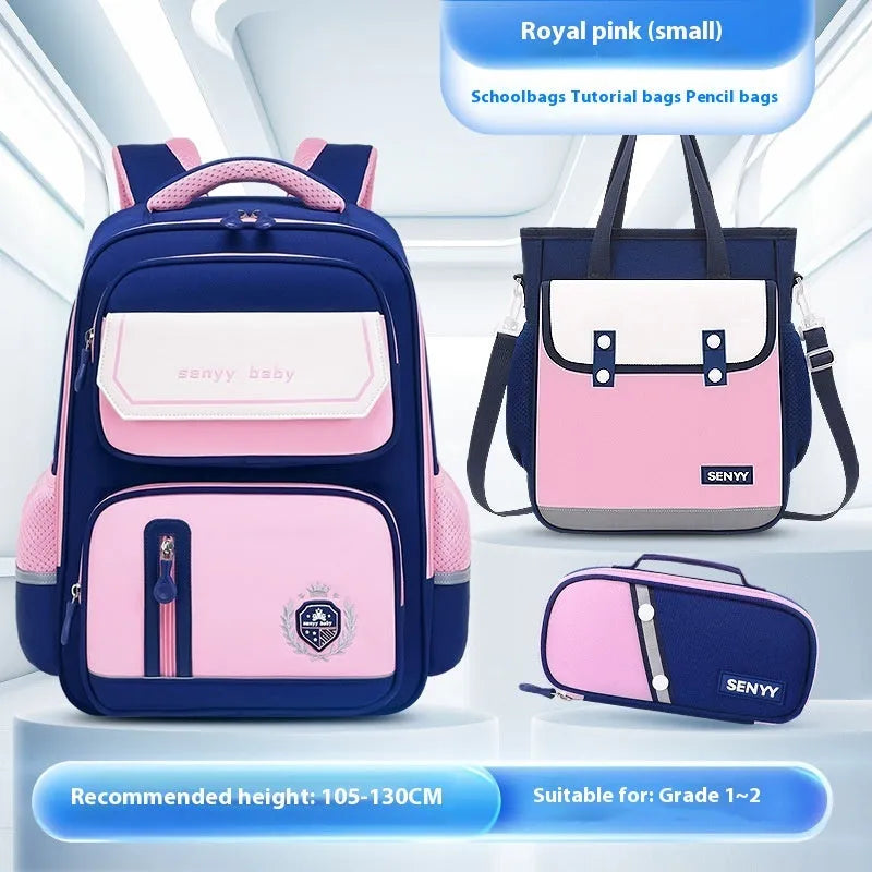 Children's spine protector backpack in blue, made of water-repellent Oxford cloth, size 38x30x15cm