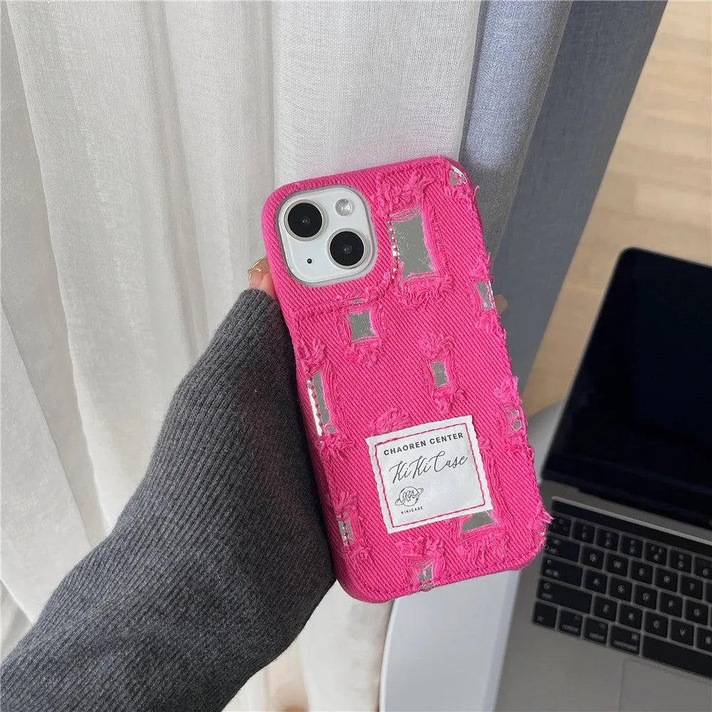 TPU mirror hole denim phone case for iPhone 12-15 series with rhinestone elements in rose red