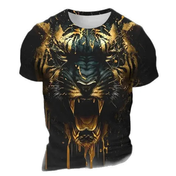 Men's grey T-shirt with a detailed 3D tiger head design printed on the chest.