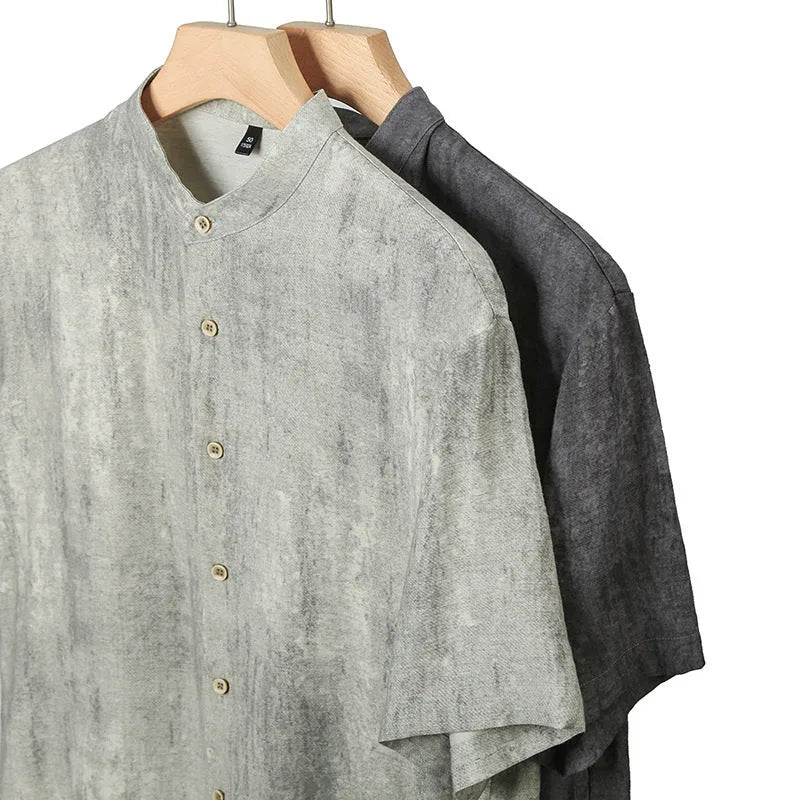 Men's solid colour linen shirt with stand collar in loose cardigan style