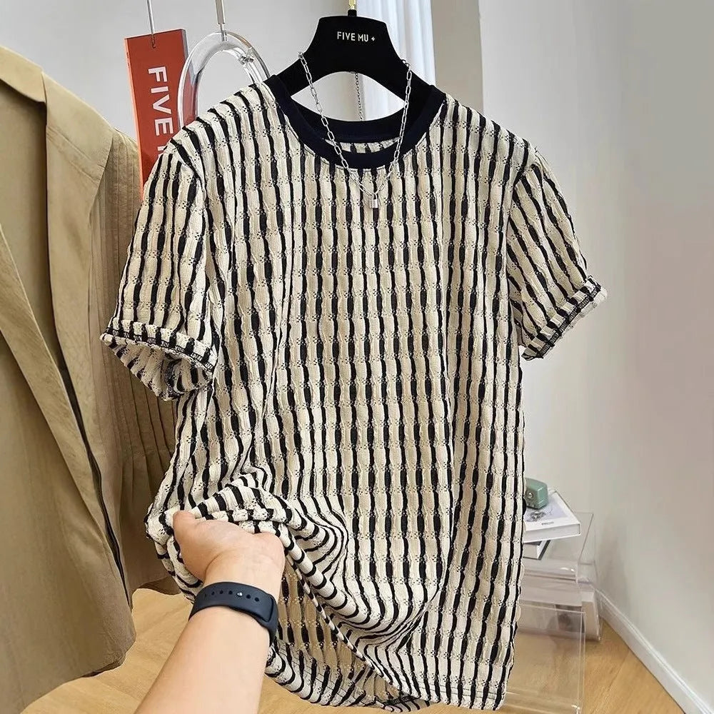 Black striped men's loose casual short sleeve pullover shirt made from linen and silk blend.