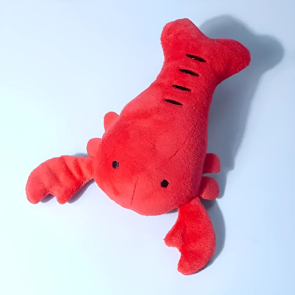 Red crab lobster squeaky stuffed chew toy for small and medium-sized dogs on a white background.