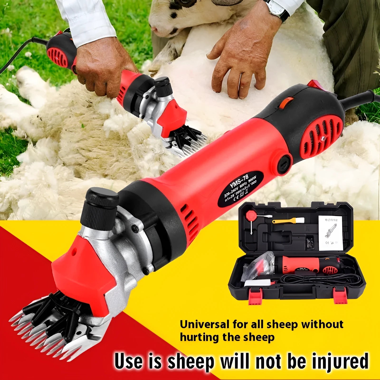 Yellow electric wool shearing machine with 13-tooth blade and multiple knife options for sheep