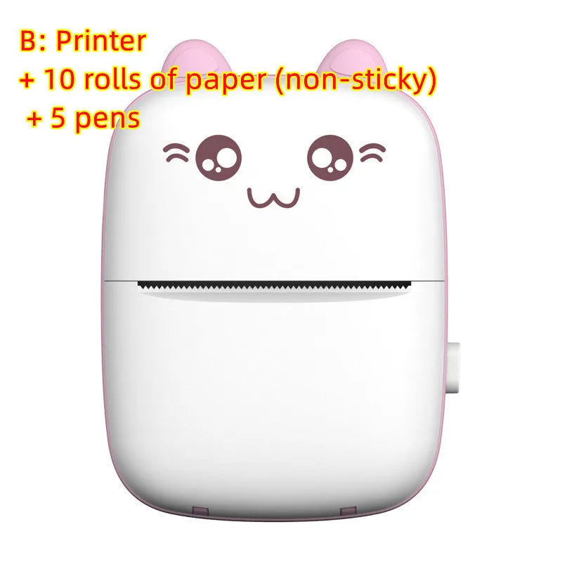 Mini Bluetooth thermal printer in pink with paper roll and phone app interface