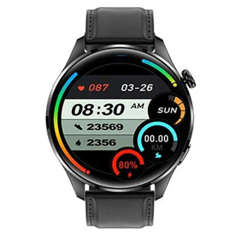 Smart watch with round touchscreen showing interface, available with silicone or steel bands in black or silver