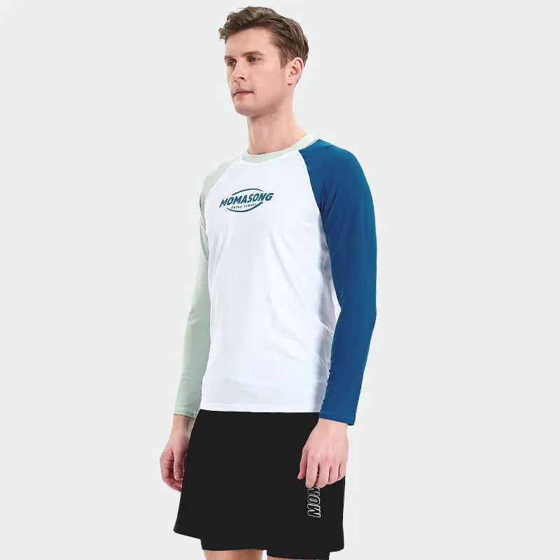 Men's white long-sleeved swimsuit top with colour-matched double-layer swimming trunks