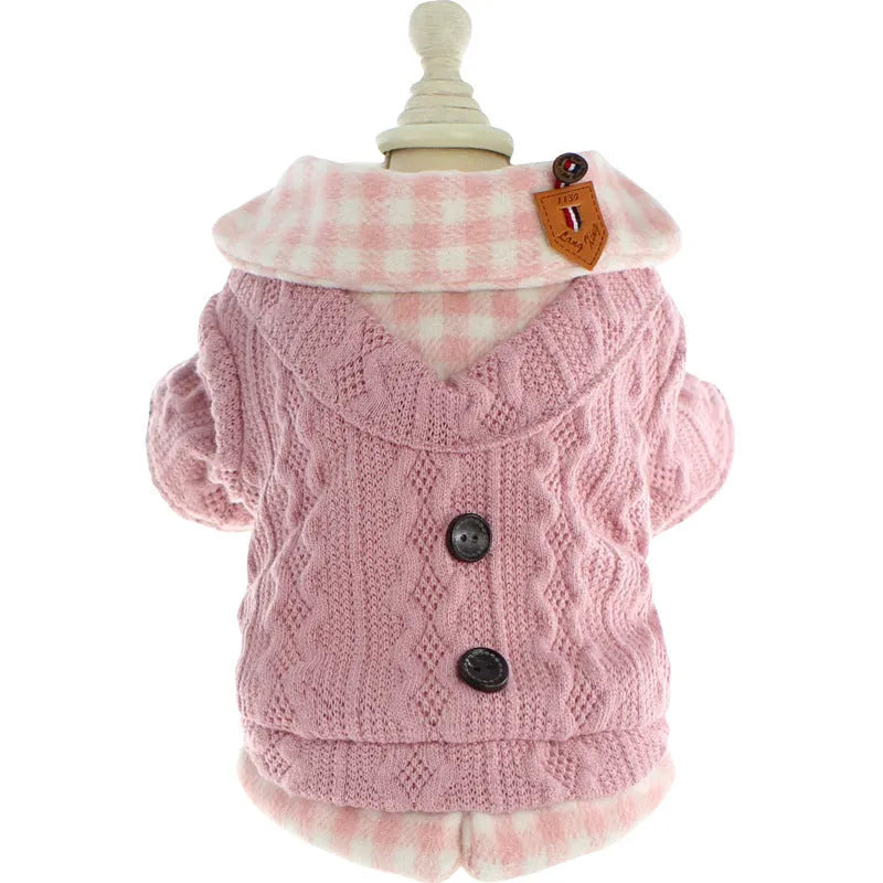 Blue wool plaid dog sweater with fake two pieces design and fleece lining for indoor warmth